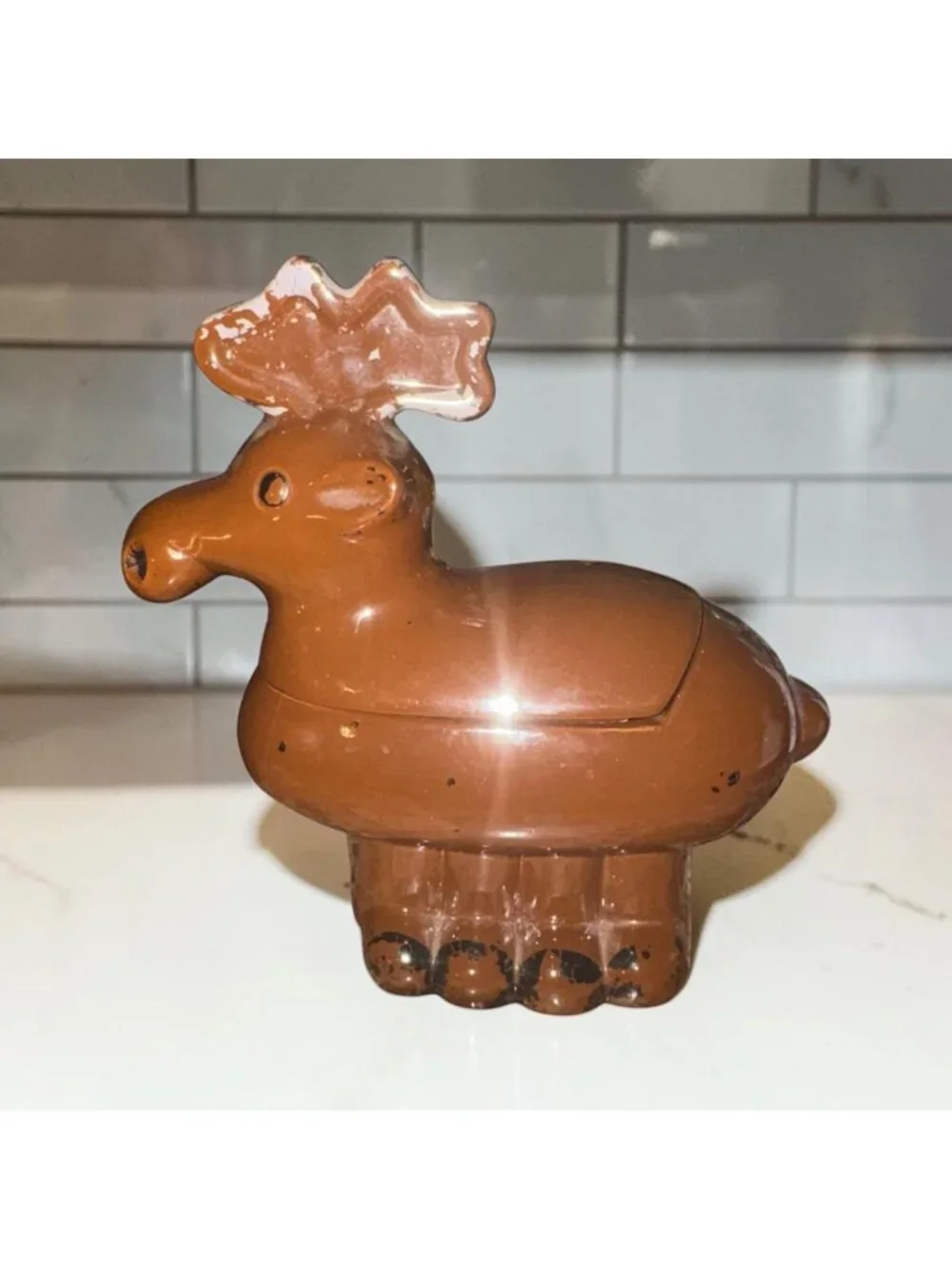 Vintage Brown Ceramic Moose Trinket Box Figurine With Lid